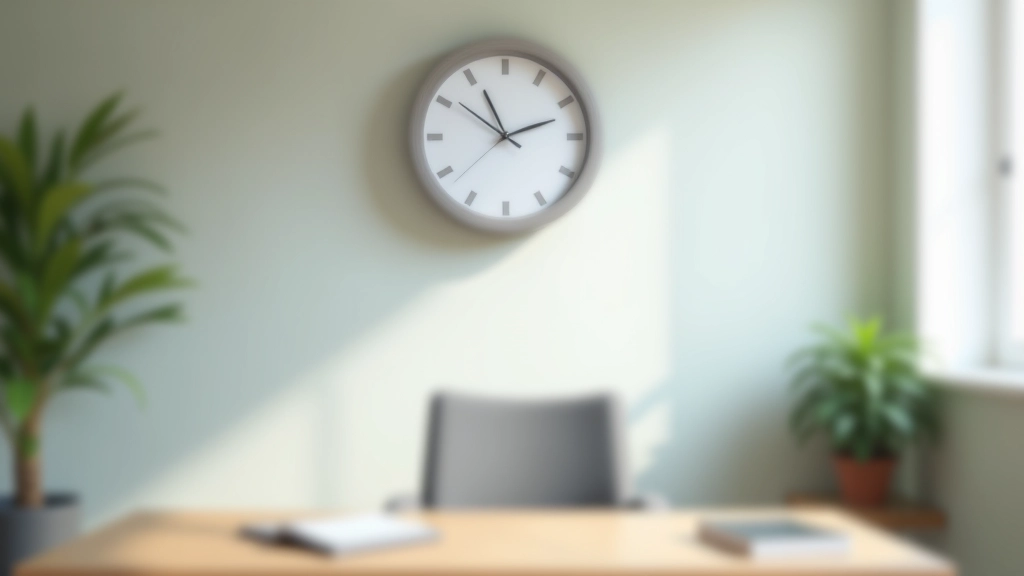 Workplace clock showing different times of day, person visible in background at various moments throughout workday taking breathing breaks, natural office lighting showing morning, afternoon, and evening periods