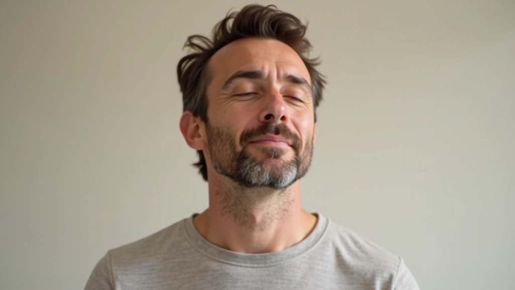 Close-up of person's face showing the extended exhale breathing technique with relaxed facial muscles and controlled breathing pattern