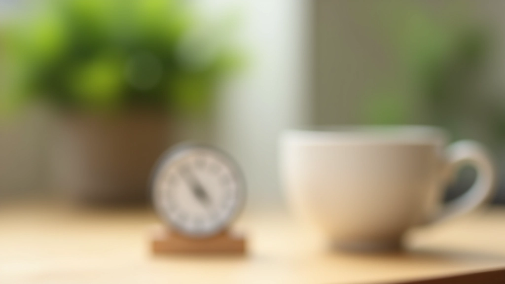 Mindfulness timer on wooden desk with plant and coffee, minimalist workspace, afternoon light