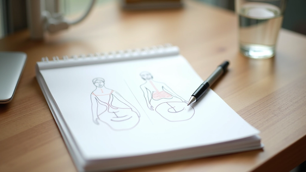 Desk workspace with notepad showing breathing patterns, pen, and water bottle on wooden surface
