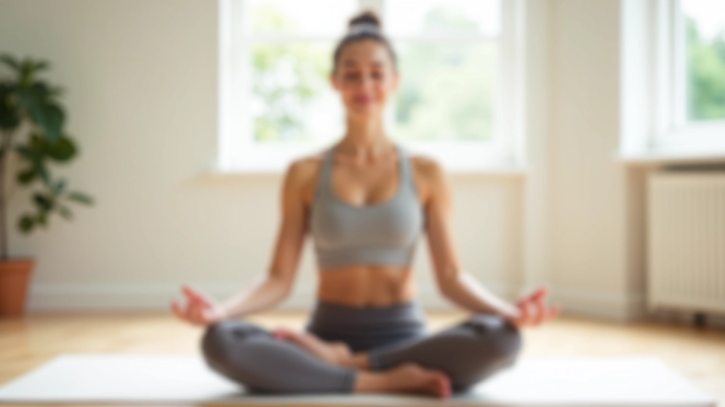 Person sitting cross-legged in meditation pose on yoga mat, calm expression, bright natural light from window