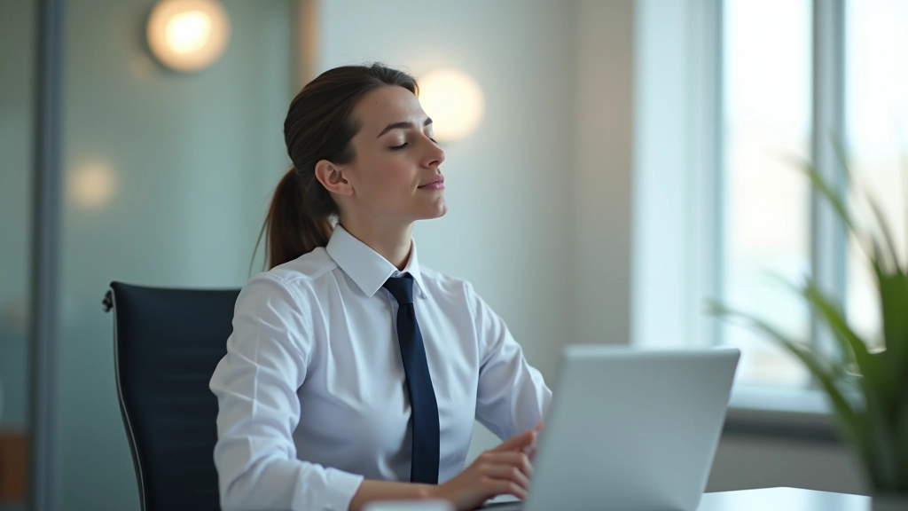 Person in professional setting taking a breathing break at their desk with visible calm expression