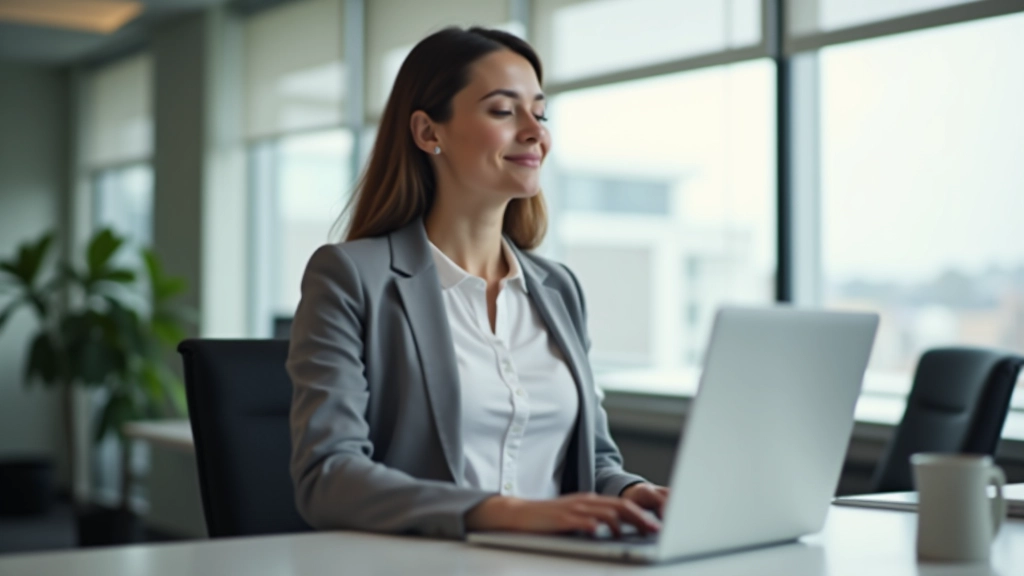 Person at workplace desk with good posture, taking a breathing break from work