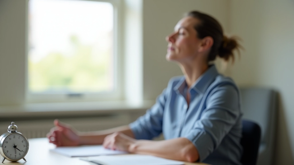 Timer showing five-minute duration with person sitting calmly at desk, shoulders relaxed, peaceful expression, modern office background with soft lighting