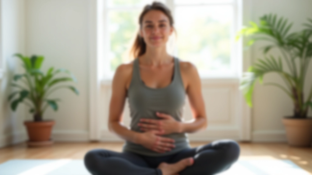 Woman sitting upright on floor with good posture, hands on belly, demonstrating breathing technique