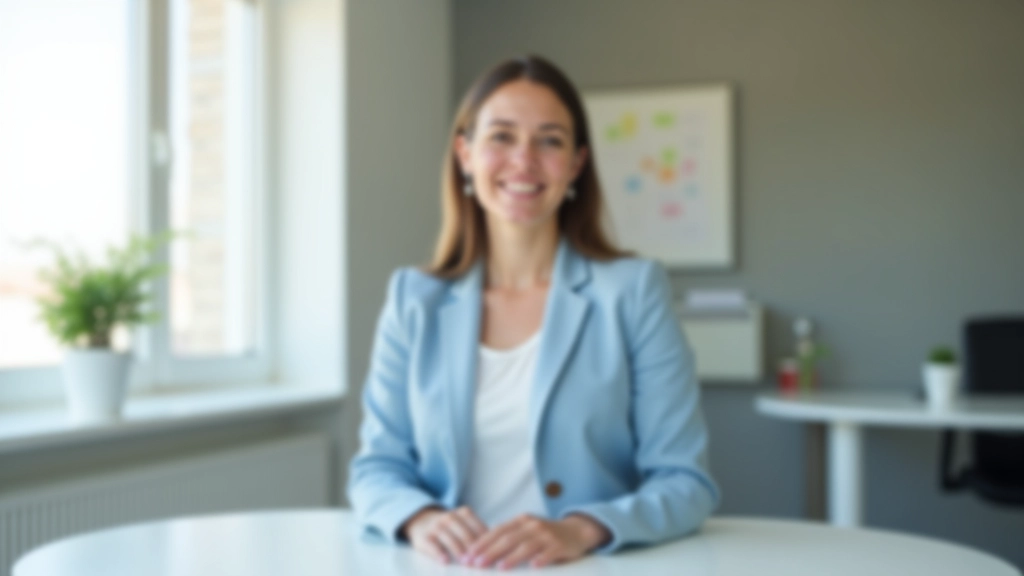 Person at desk doing box breathing exercise, relaxed shoulders, calm expression, bright office setting