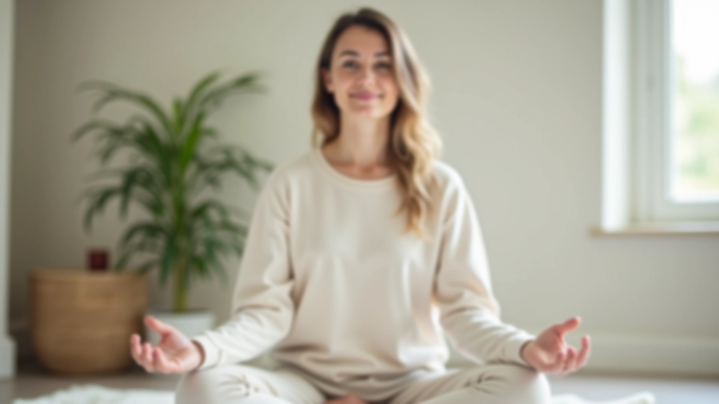 Person sitting in meditation posture showing relaxed body position during parasympathetic activation, calm peaceful expression, natural lighting