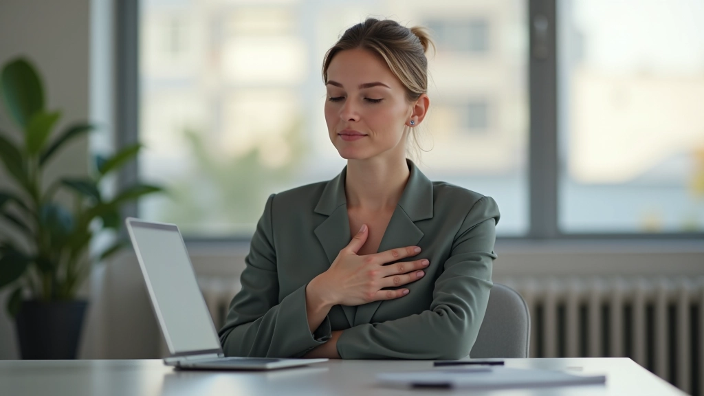 Professional woman at desk taking a breathing break during work with peaceful expression and relaxed posture